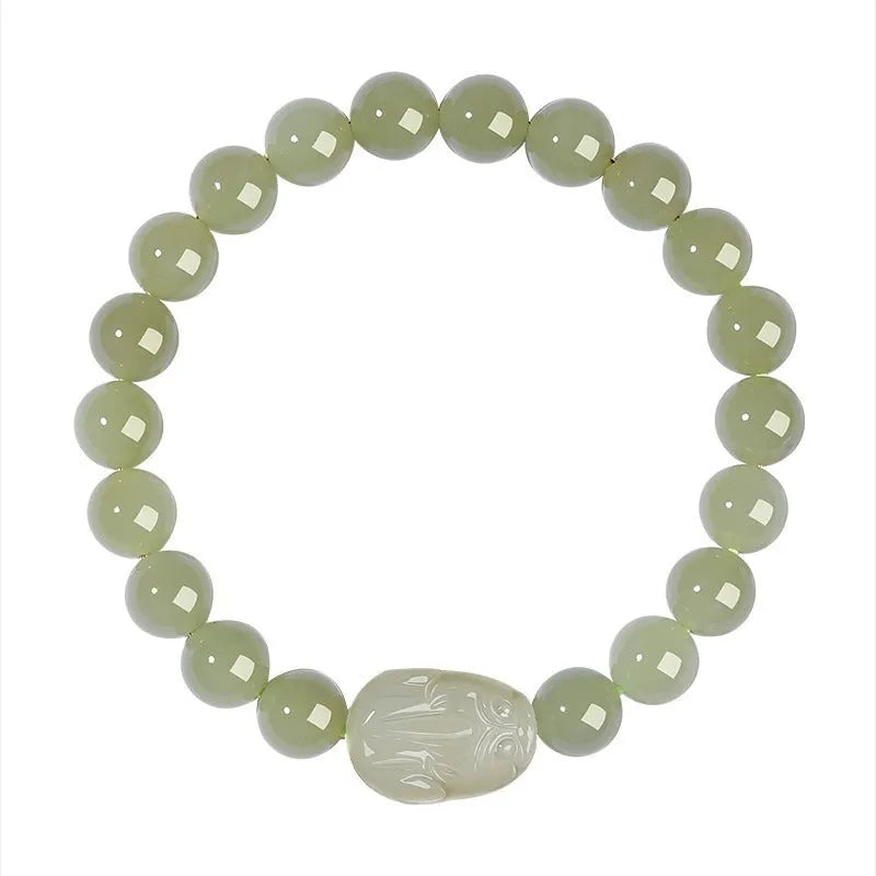 Grey Hetian jade leather show bracelet for women in ethnic style with polished beads