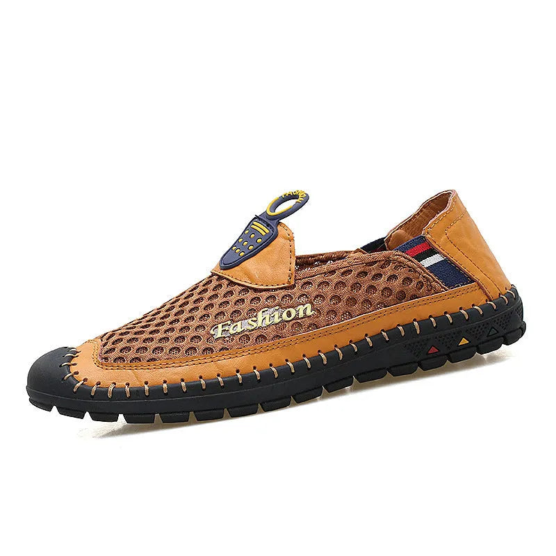 Men's brown mesh casual shoes with round toe and rubber soles on neutral background