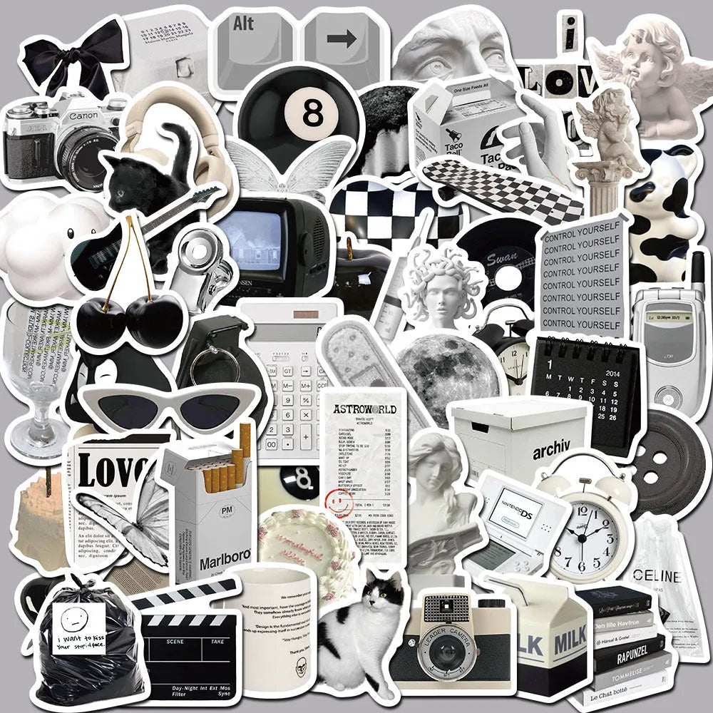 Black and white PVC waterproof sticker set with 61 designs for laptop and device personalisation