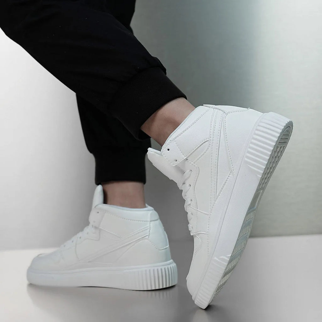White men's casual shoes with round toe design and microfiber upper, shown from side view