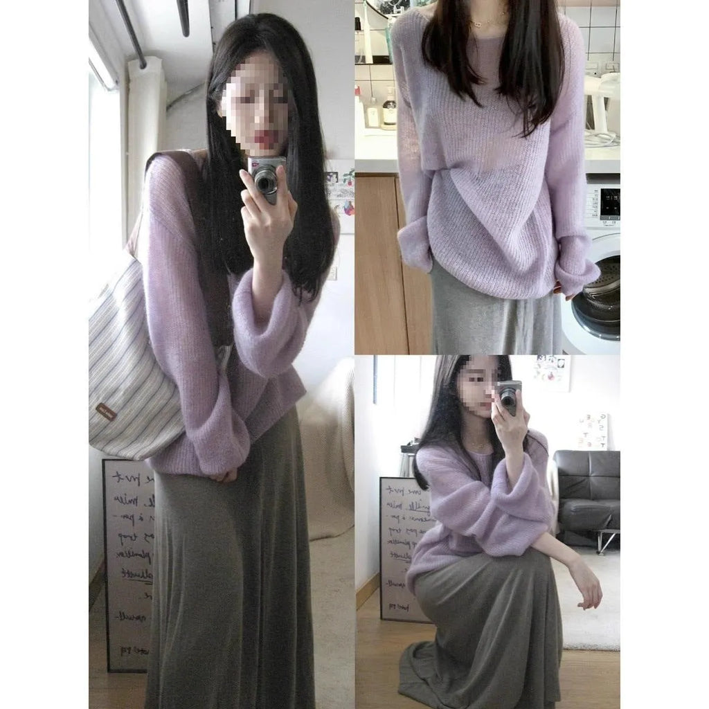 Women's round neck purple blouse with princess sleeves in Ice Silk fabric