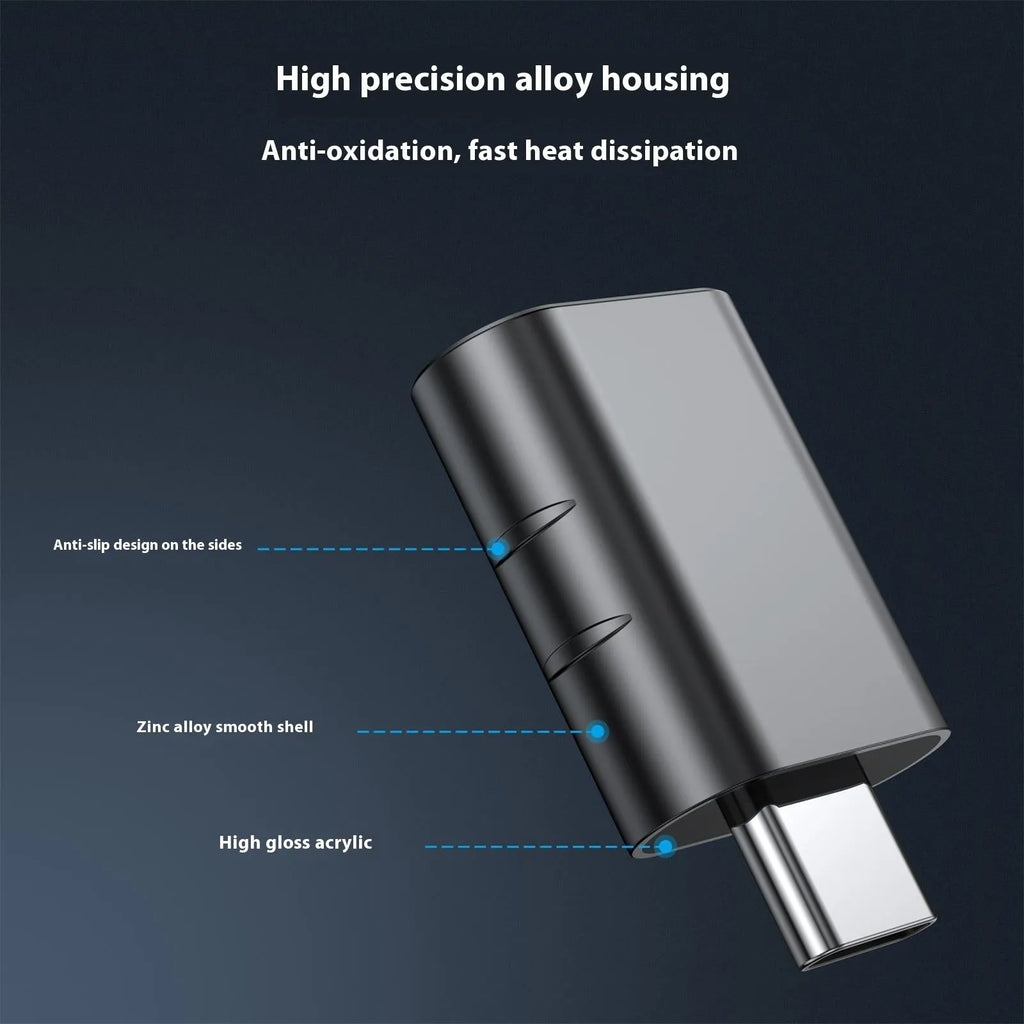 USB data and charging converter adapter with zinc alloy shell in multiple colour options.
