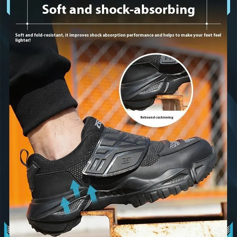 Black safety work shoes with steel toe cap, felt buckle closure, and anti-puncture sole for industrial use