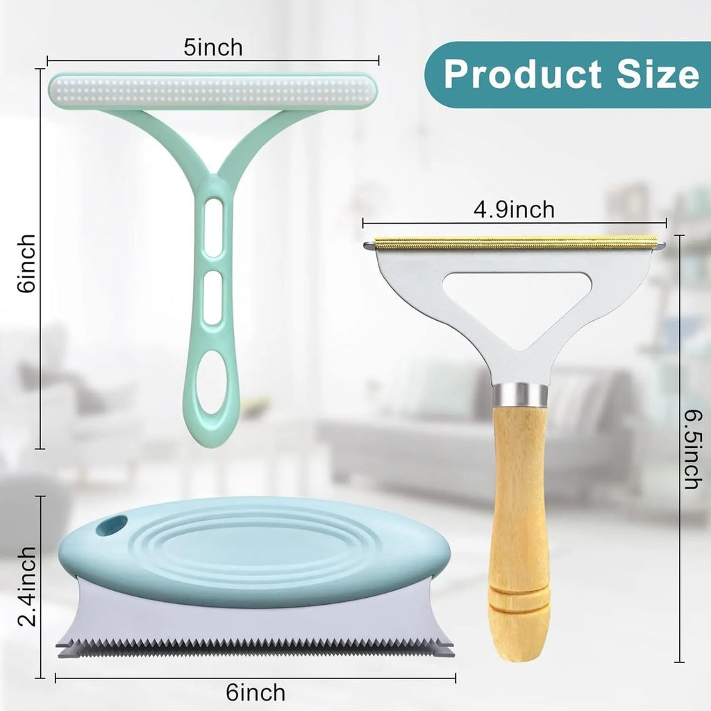 Three pet hair removal tools: metal lint remover, silicone brush and round cleaner with beech wood handle