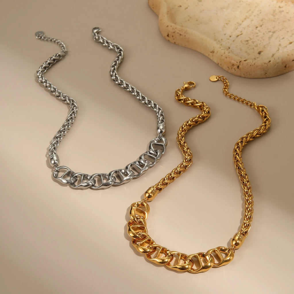 Stainless steel geometric necklace for women, shown in gold-plated and steel finish options.