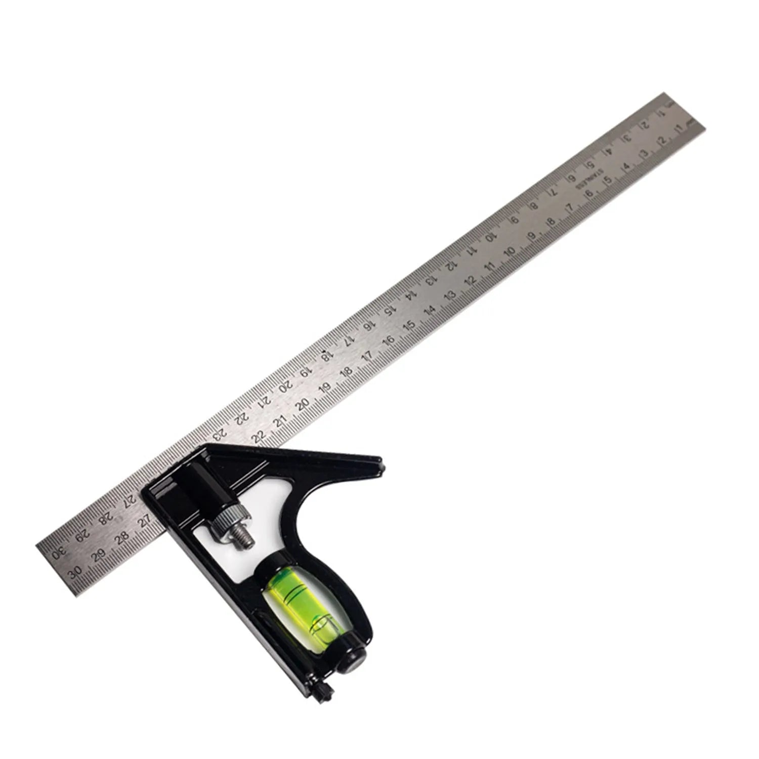 Red thin 7-inch metal combination angle ruler with metric scales on both sides, in a transparent bag