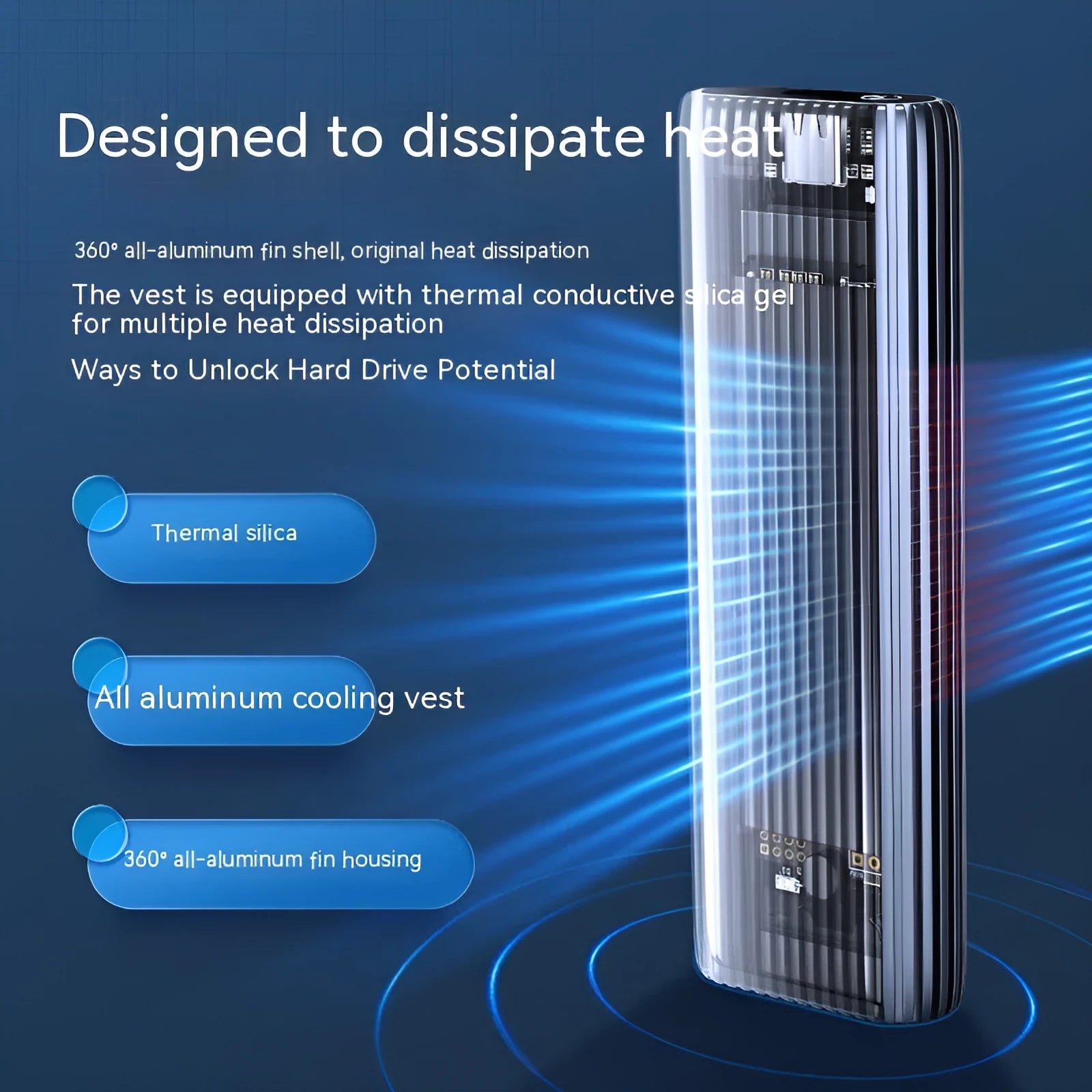 Aluminium external SSD enclosure for M.2 drives with data cable and cooling accessories