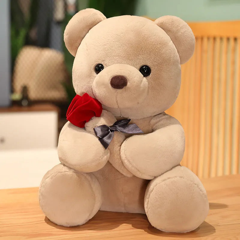 Rose bear plush pillow toy in beige, brown or grey with 23cm to 45cm height options