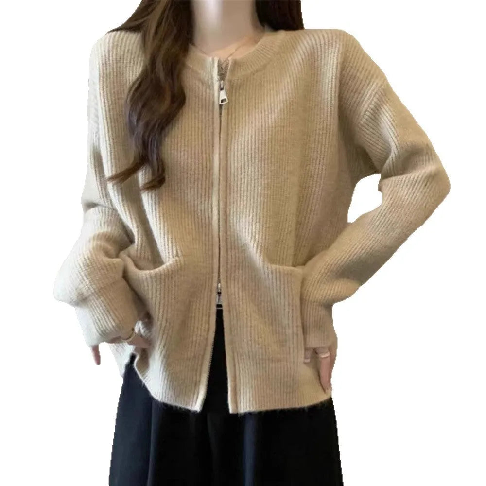Beige viscose sweater coat cardigan with long sleeves showing soft texture and cardigan style