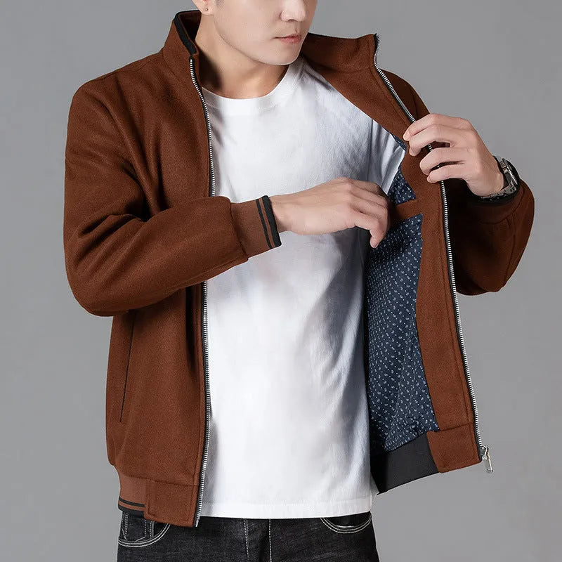 Men's grey autumn wool fleece jacket with sports style, long sleeves, and size stick pocket