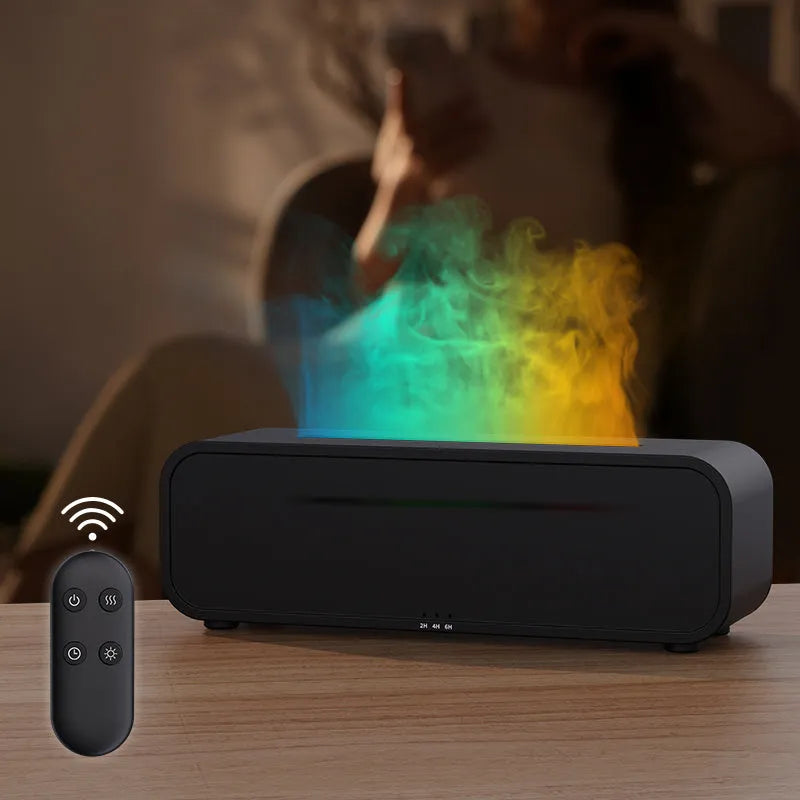 Black and white USB essential oil aroma diffuser with remote control and colour-changing flame light.