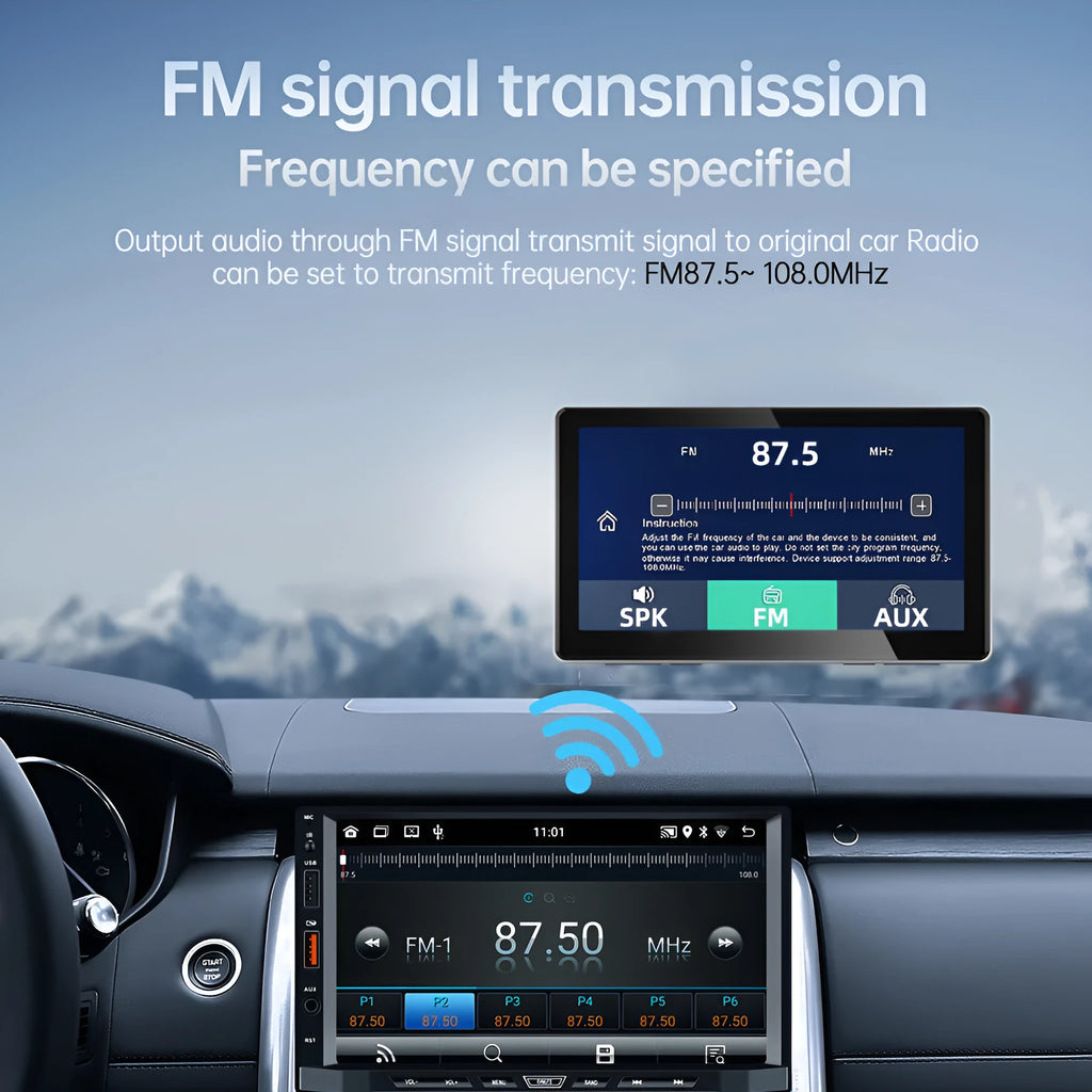 Black 7-inch wireless CarPlay projection camera and dash cam with touch screen for dashboard mounting.