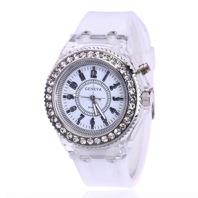 Women's LED luminous quartz watch with silicone strap and 43mm round dial