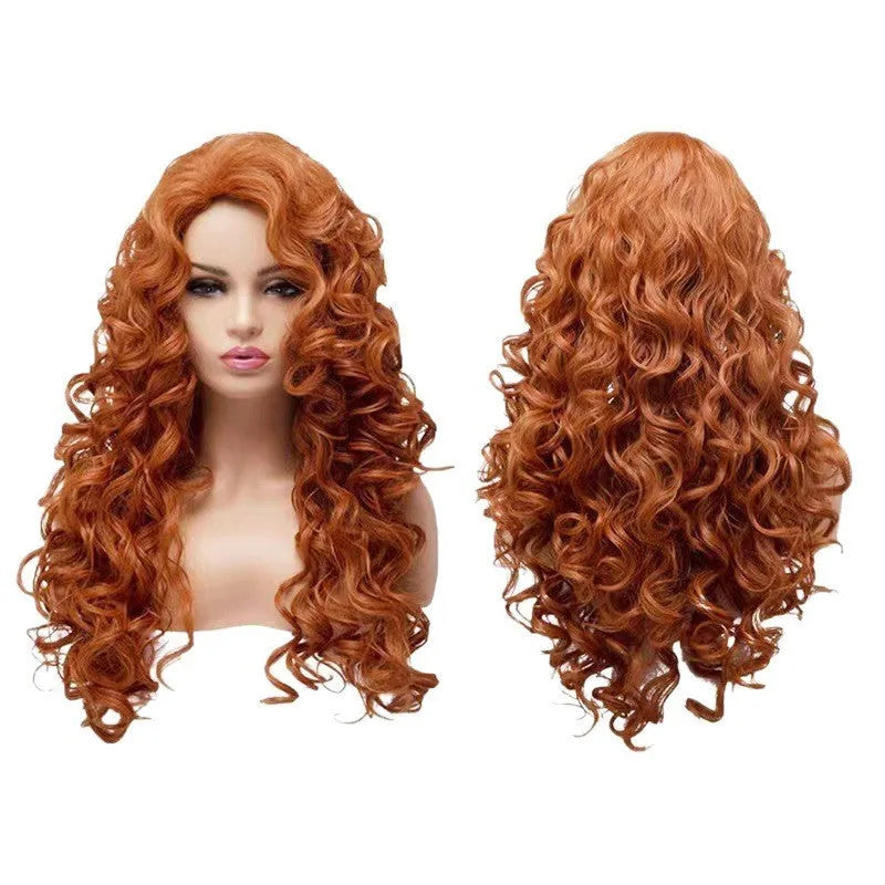 Brown long wavy curly synthetic wig with exotic style on wig head cover