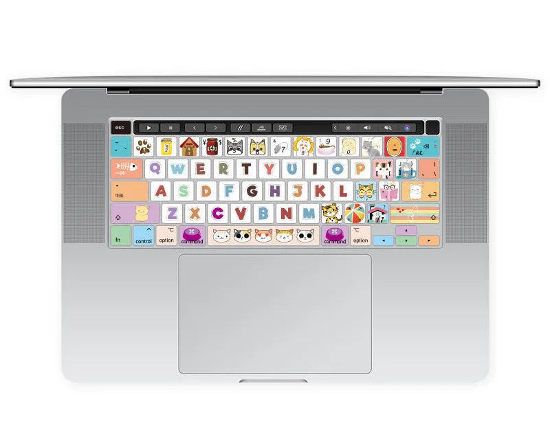 Colourful TPU keyboard protective film for a 13.3-inch Apple MacBook laptop, showing Mr Cat design option.