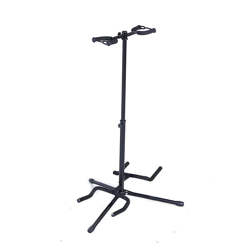Black iron double-headed adjustable guitar stand holding two guitars with 360-degree rotating heads