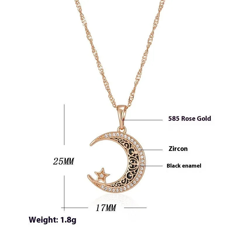 Rose gold star and moon necklace with enamel zircon pendant on a water wave chain