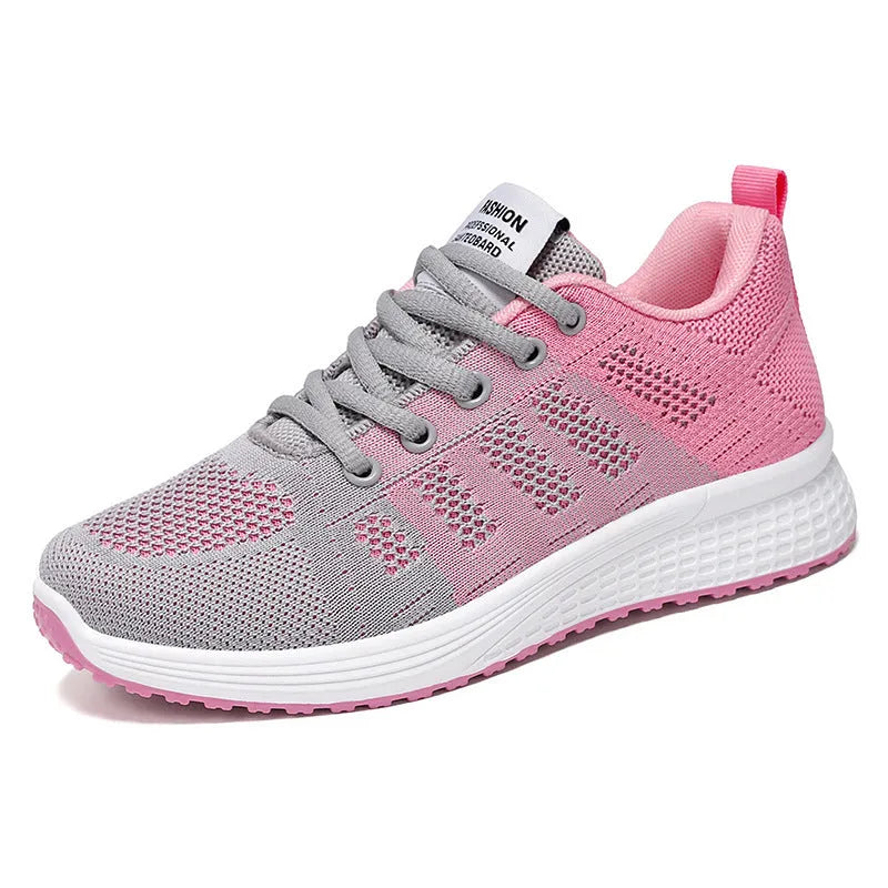Women's Flyknit running shoes in black, rose red, or grey pink with a flat heel and lace-up front.