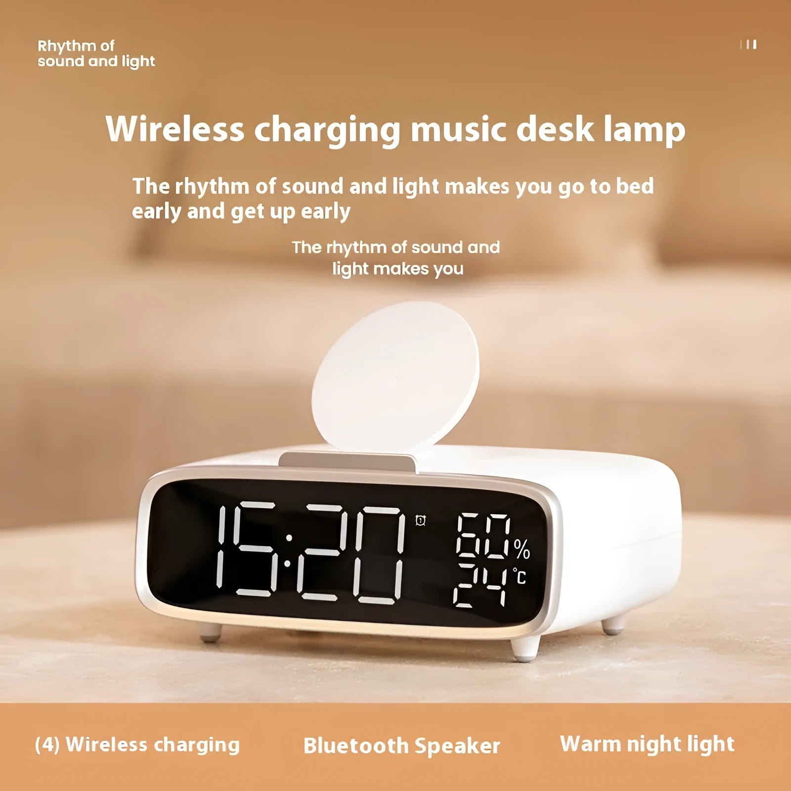 White Bluetooth speaker and wireless charging pad with integrated colour-changing night light on a bedside table.