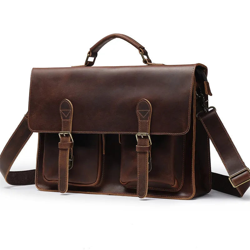 Dark brown cowhide leather computer bag with crossbody strap and anti-theft features