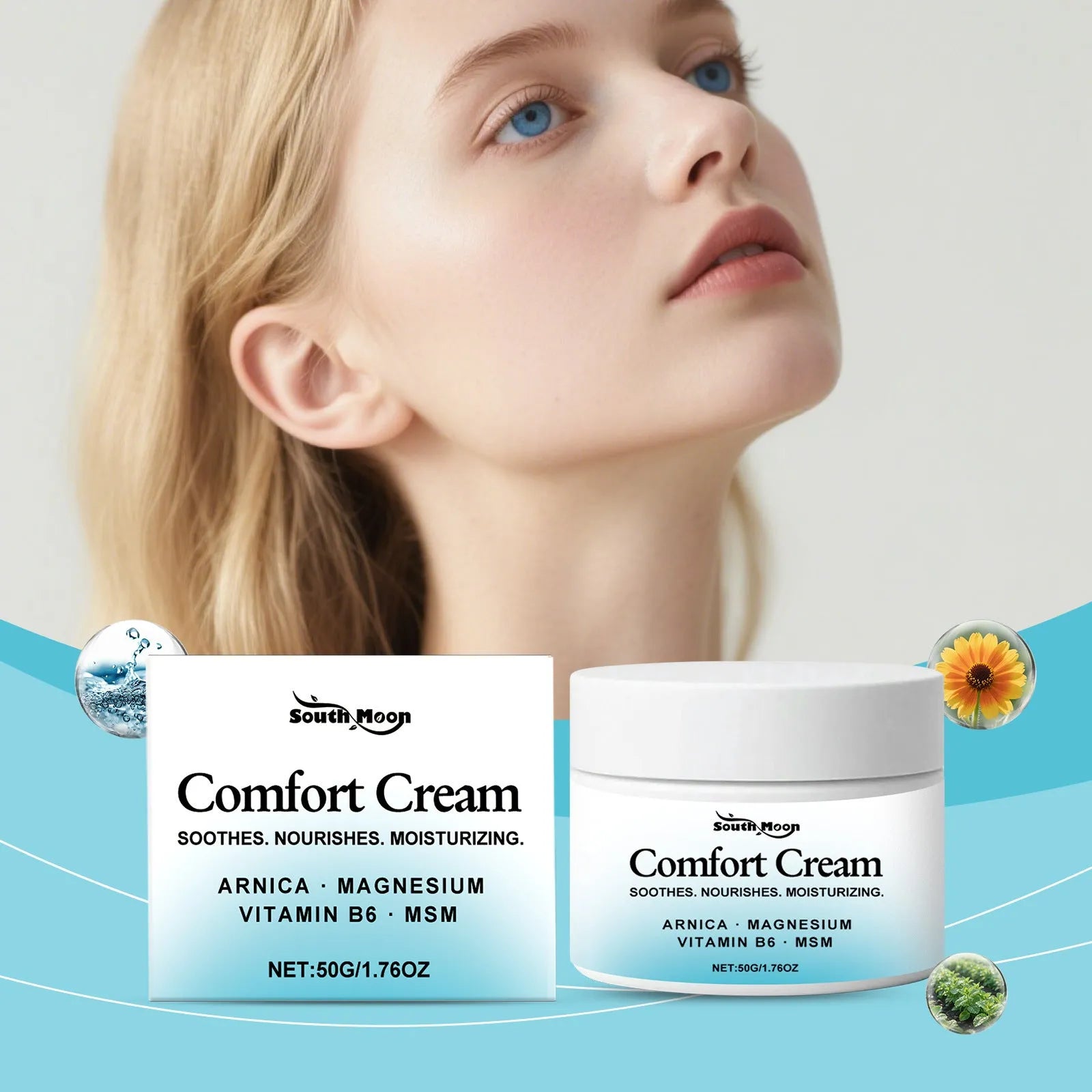 Gentle hydrating moisturising cream in 50g container with active ingredients for skin care