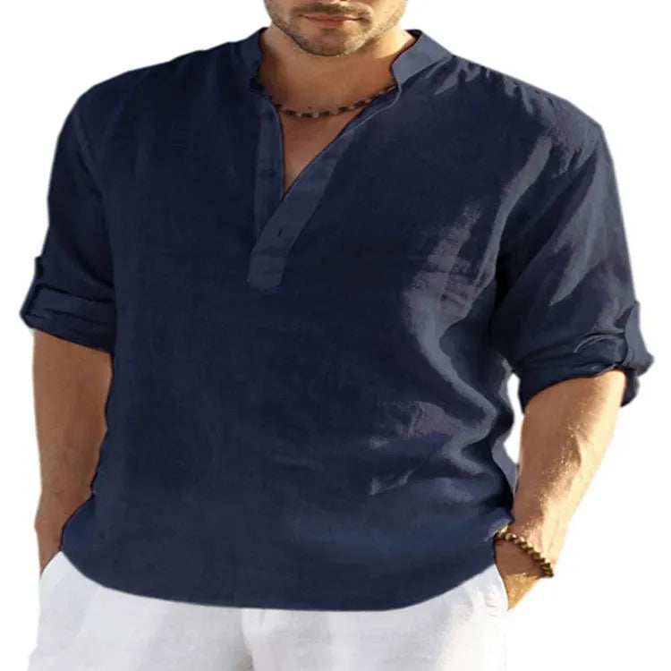 Men's cotton linen long sleeve shirt in solid colour with stand collar and roll-up sleeves