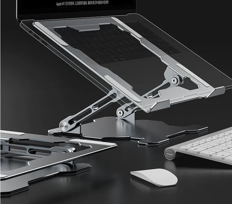 Grey aluminium alloy laptop stand folded flat with adjustable angle and silicone pads