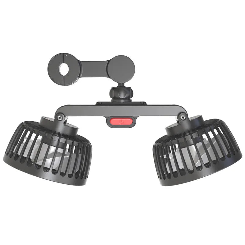 Black car USB fan with adjustable neck mounted on vehicle headrest showing 15cm diameter