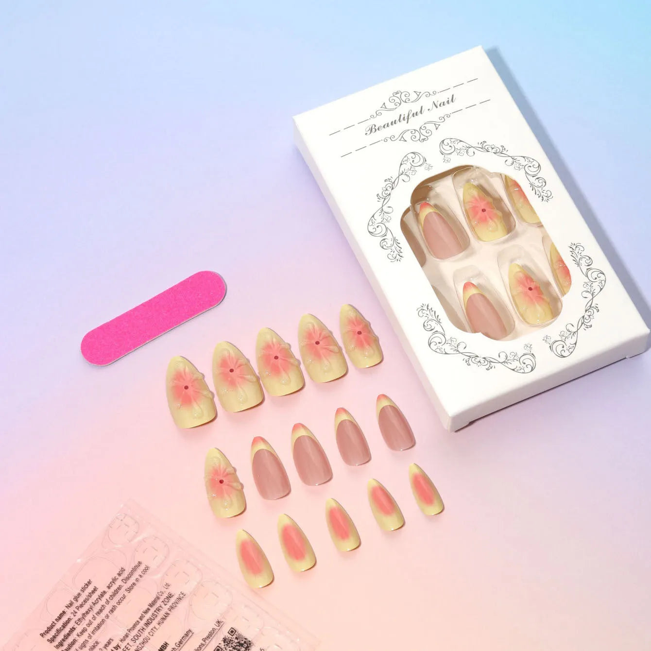 24-piece detachable fake nails with 3D cartoon flower pattern, jelly glue tube, and filing strip