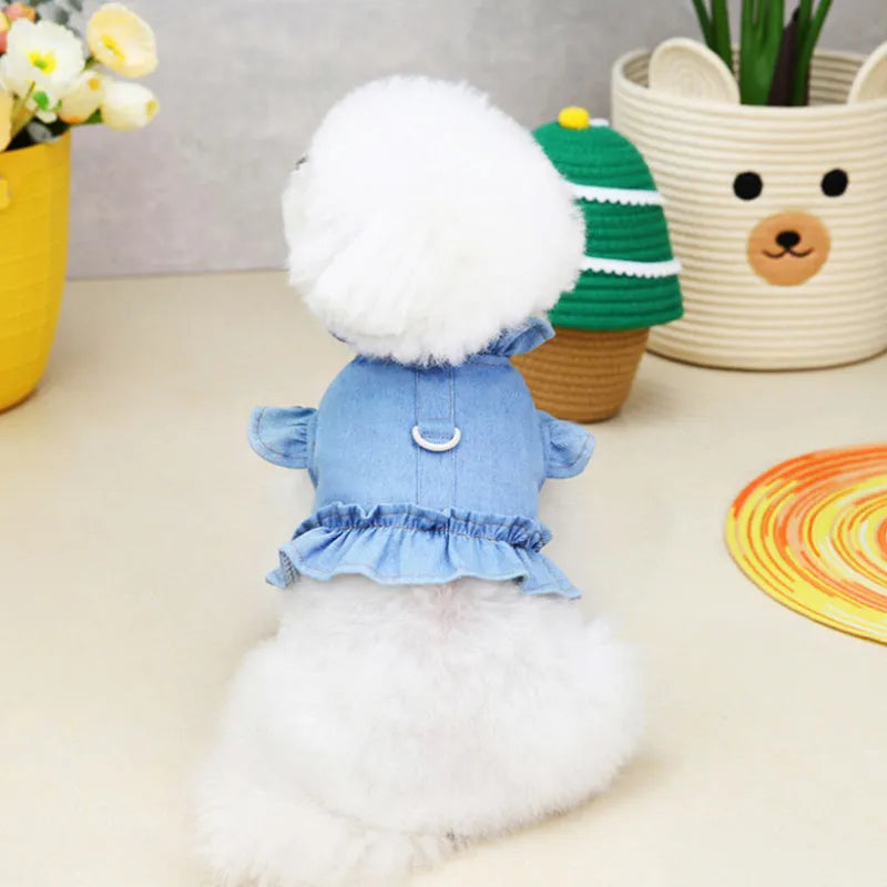 Blue denim dog dress with integrated harness and ruffled design for small to large pets