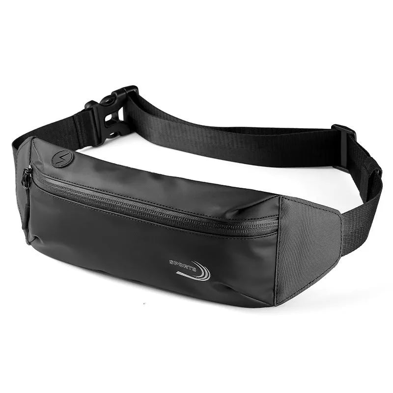 Men's blue waterproof sports waist bag showing 45cm length and adjustable strap