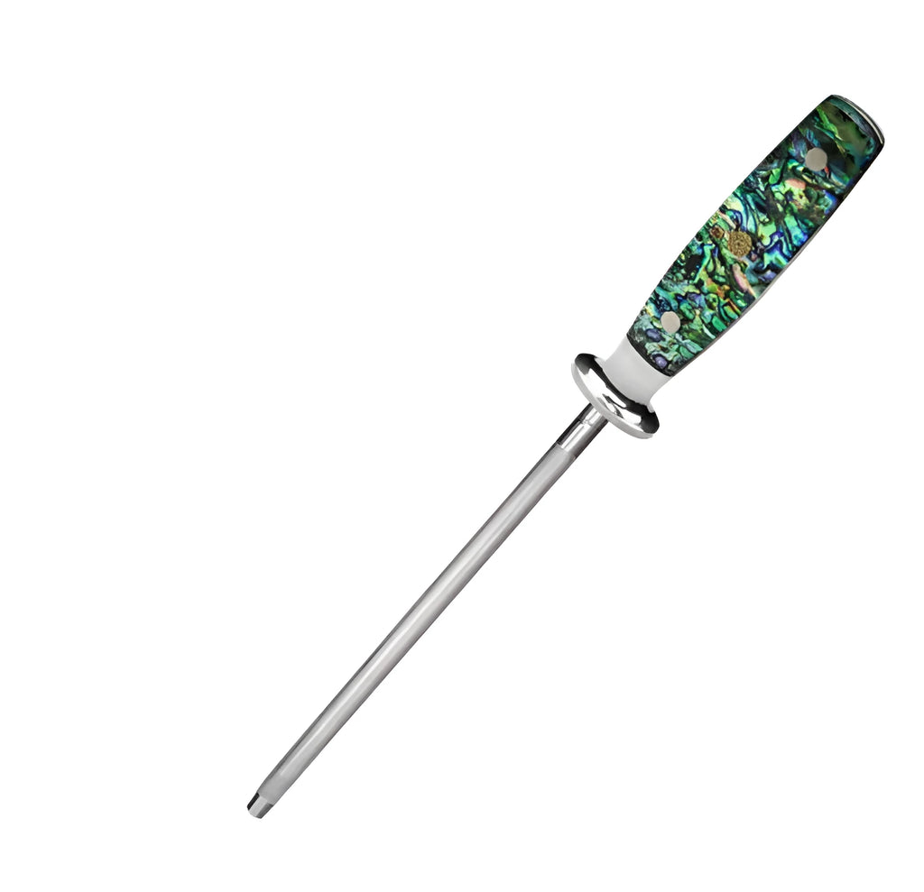 Household kitchen knife sharpener with high carbon steel blade and abalone shell handle
