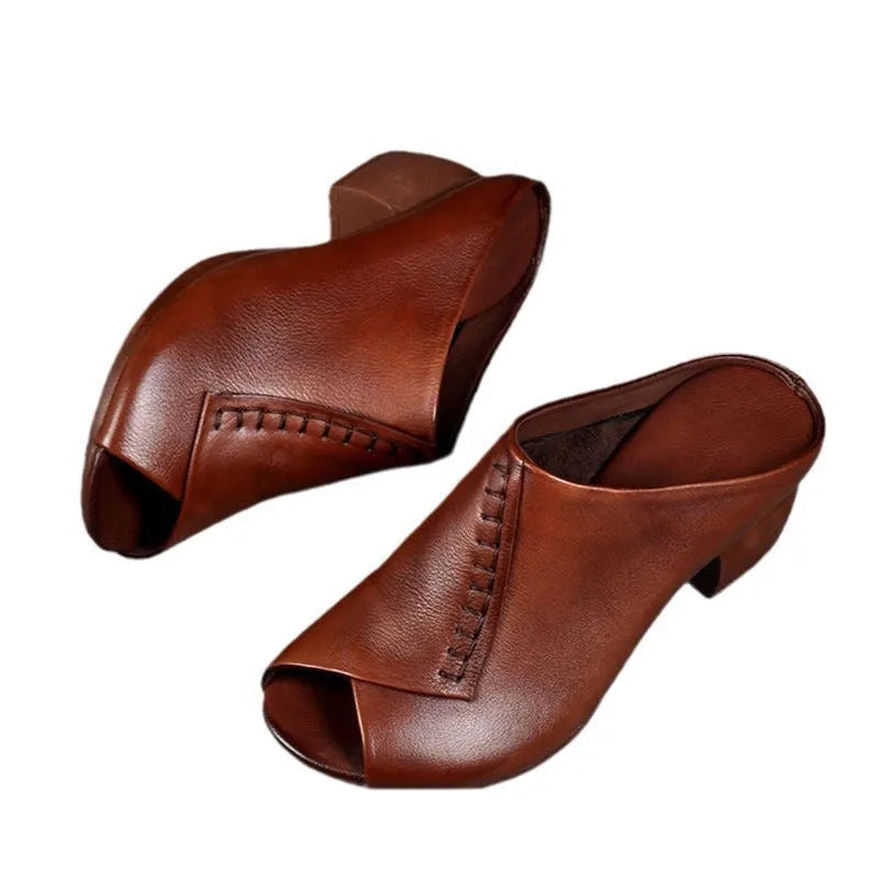Women's black square heel peep-toe slippers with PU upper and rubber sole