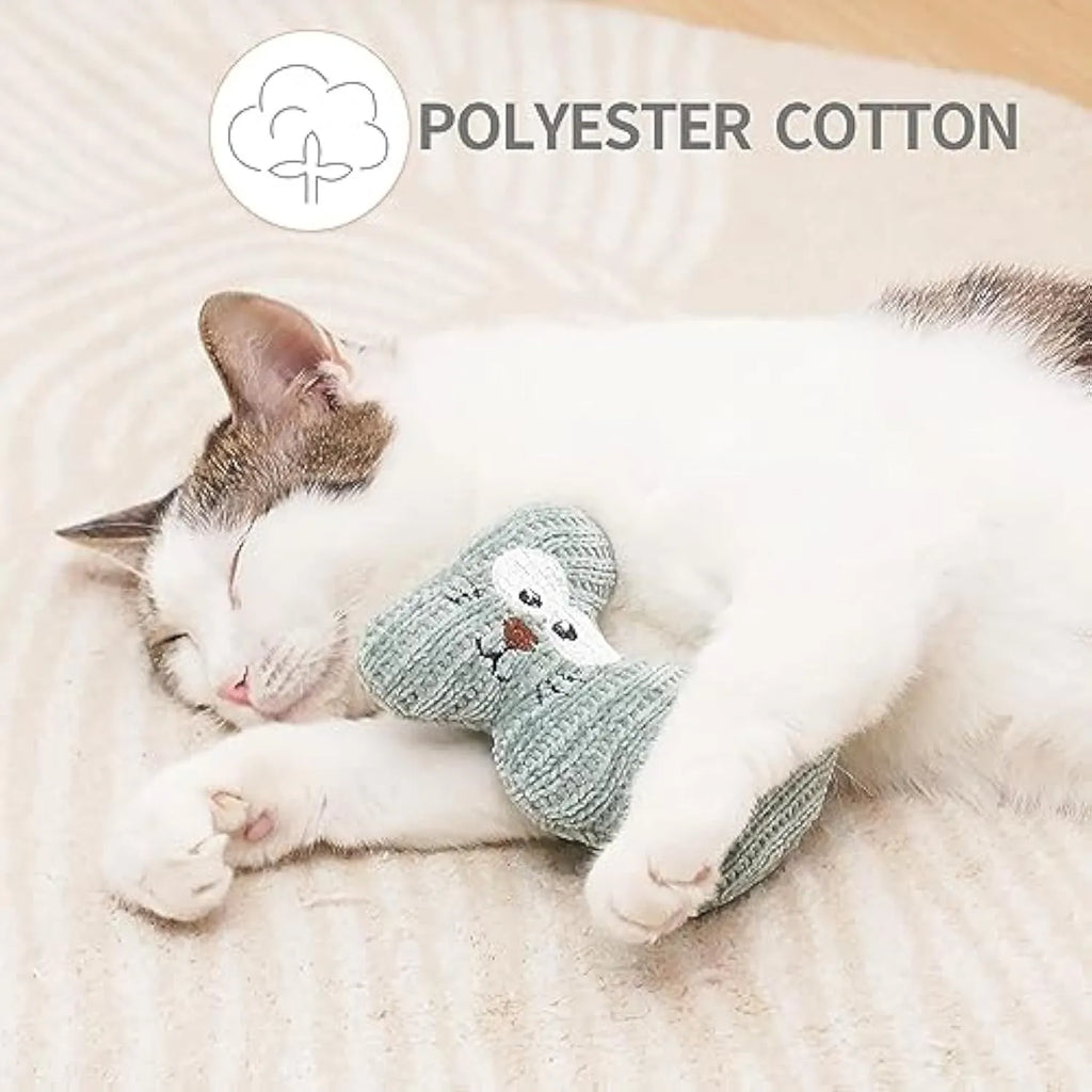 Cyan plush rope catnip toy with bell inside, measuring 12 cm by 11 cm, for cats to chew and play