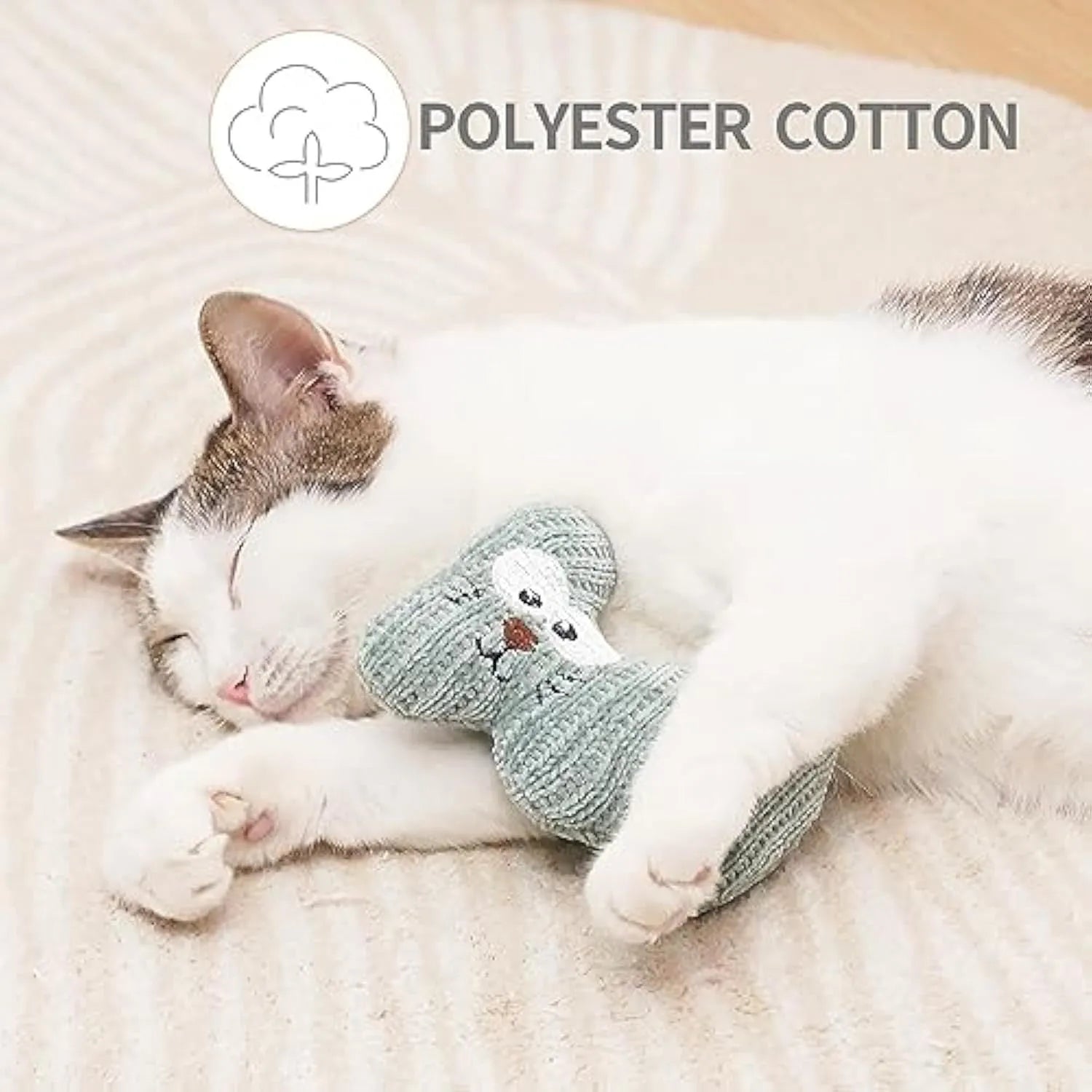 Cyan plush rope catnip toy with bell inside, measuring 12 cm by 11 cm, for cats to chew and play