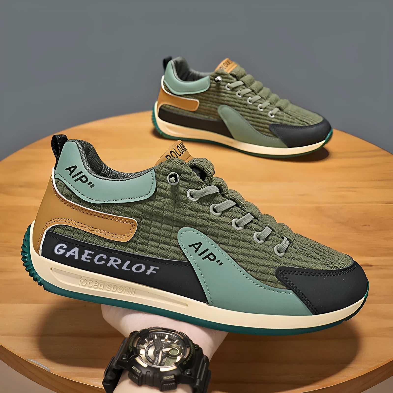 Men's grey and green mesh running shoes with low-top design and round toe