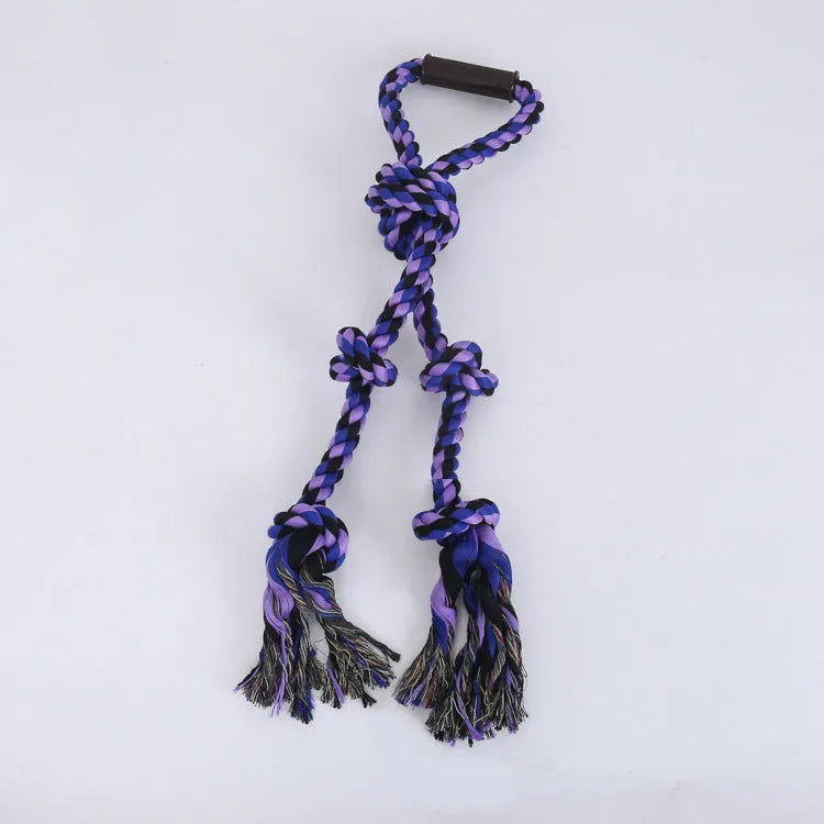 Blue and yellow cotton dog rope toy with non-slip handle, measuring 18x62cm for large breed aggressive chewers