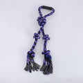 Blue and yellow cotton dog rope toy with non-slip handle, measuring 18x62cm for large breed aggressive chewers