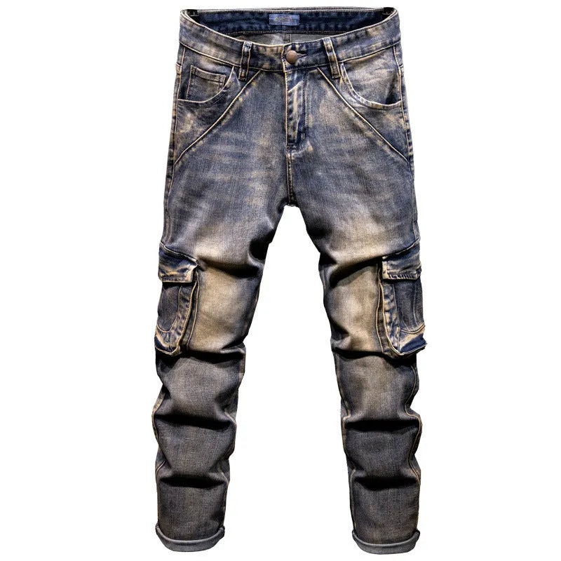 Men's loose fit hip hop trousers with multiple pockets in retro denim styling