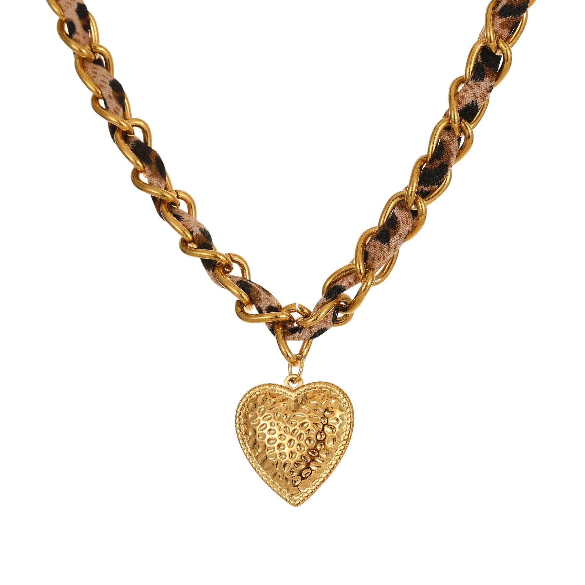 Close-up of a stainless steel necklace with a geometric leopard love pendant on an adjustable 18K-plated chain.