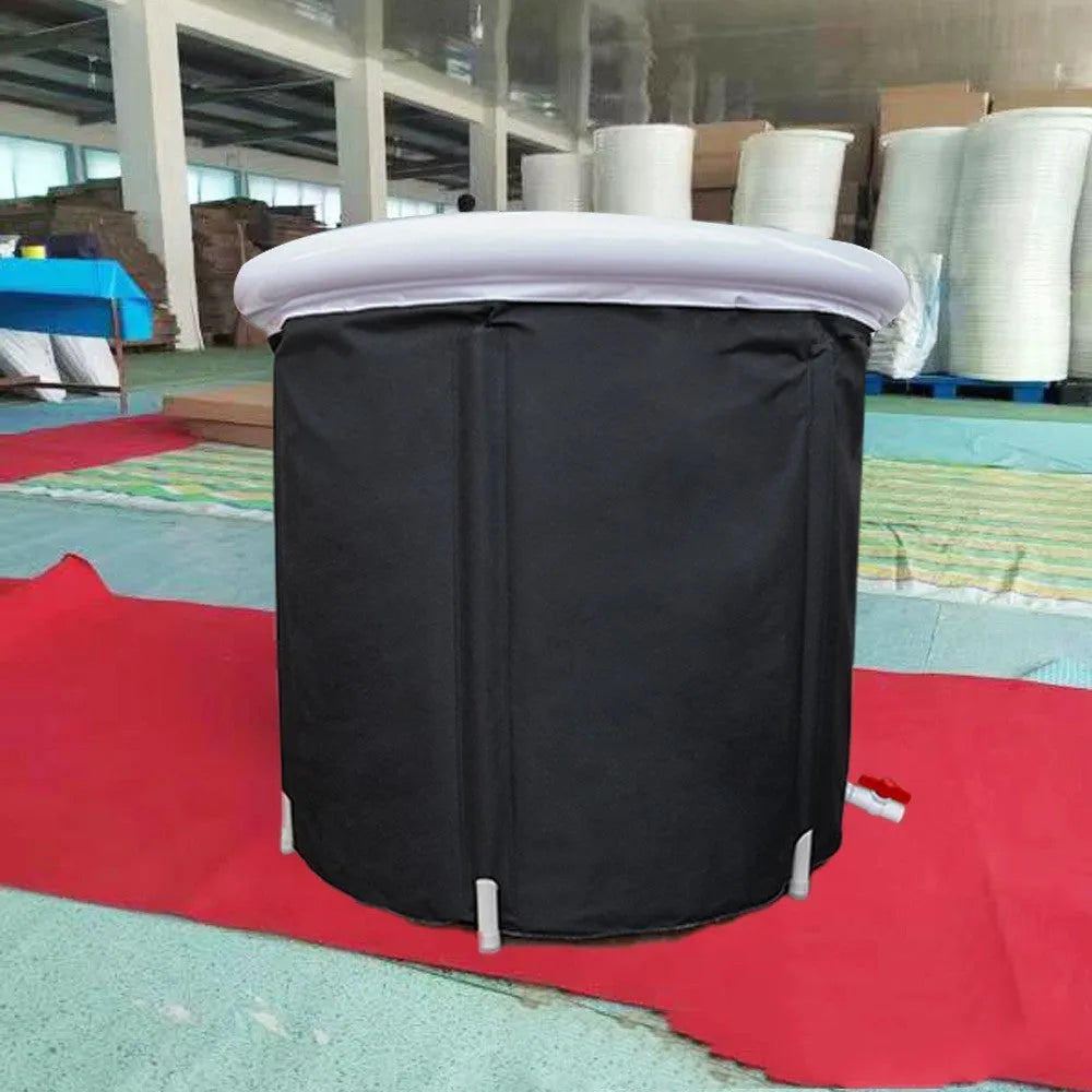 Black portable inflatable PVC ice bath with weather lid, shown at 70x80cm size