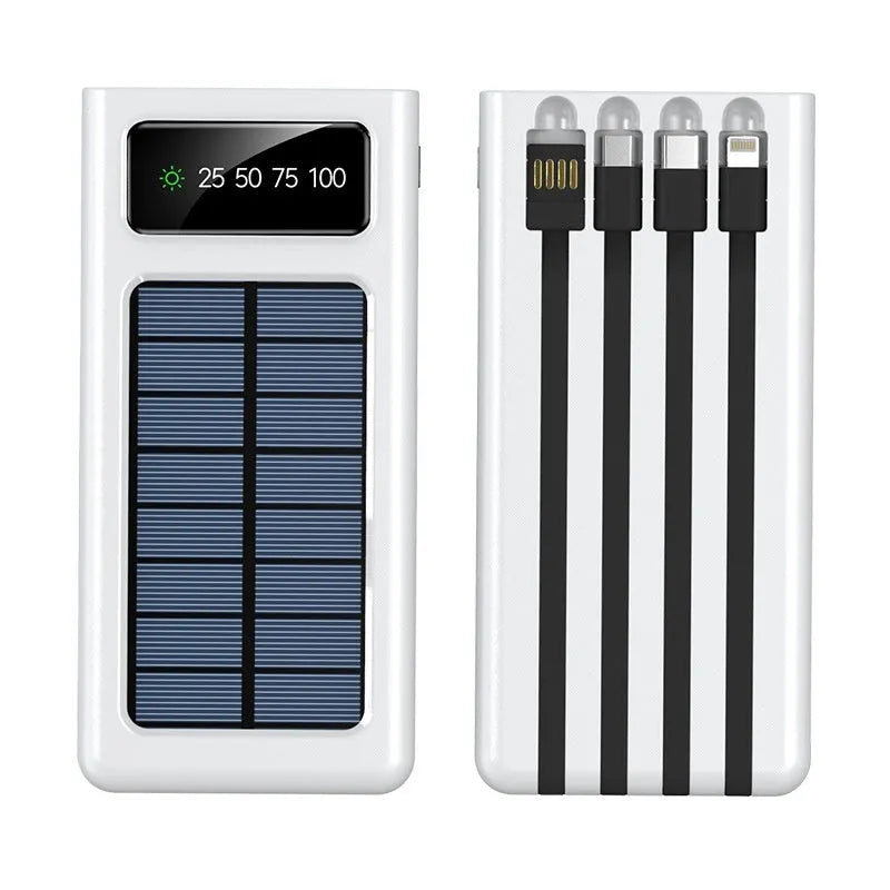 Black solar power bank with integrated charging cables showing 20000mAh capacity label