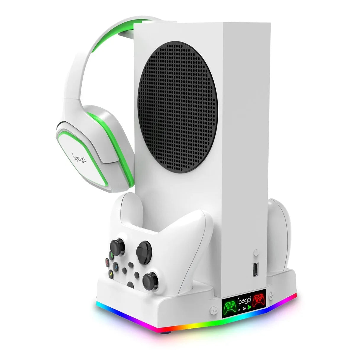 Xbox Series S multi-function charging cooler pad with fan, earphone hook, colourful light, ABS, black or white