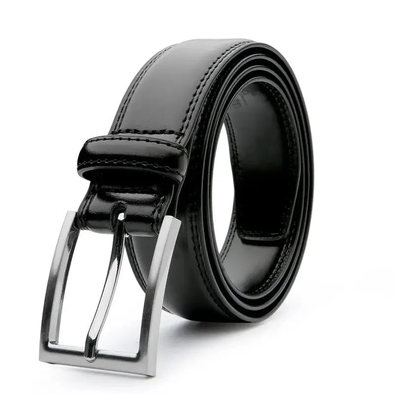 Men's leather belt with 95 grain pattern in brown, showing alloy buckle and adjustable length up to 130cm