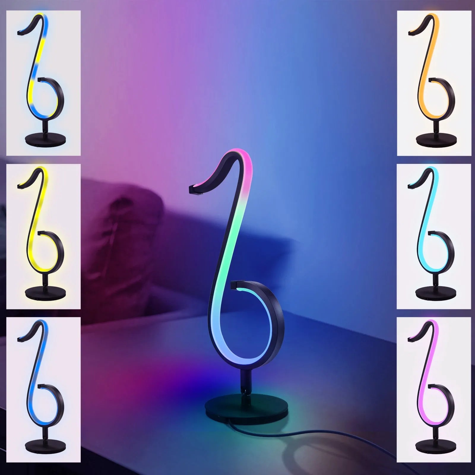 Black aluminium and iron APP-controlled LED atmosphere light with remote, showing 180-degree rotation on a desk.
