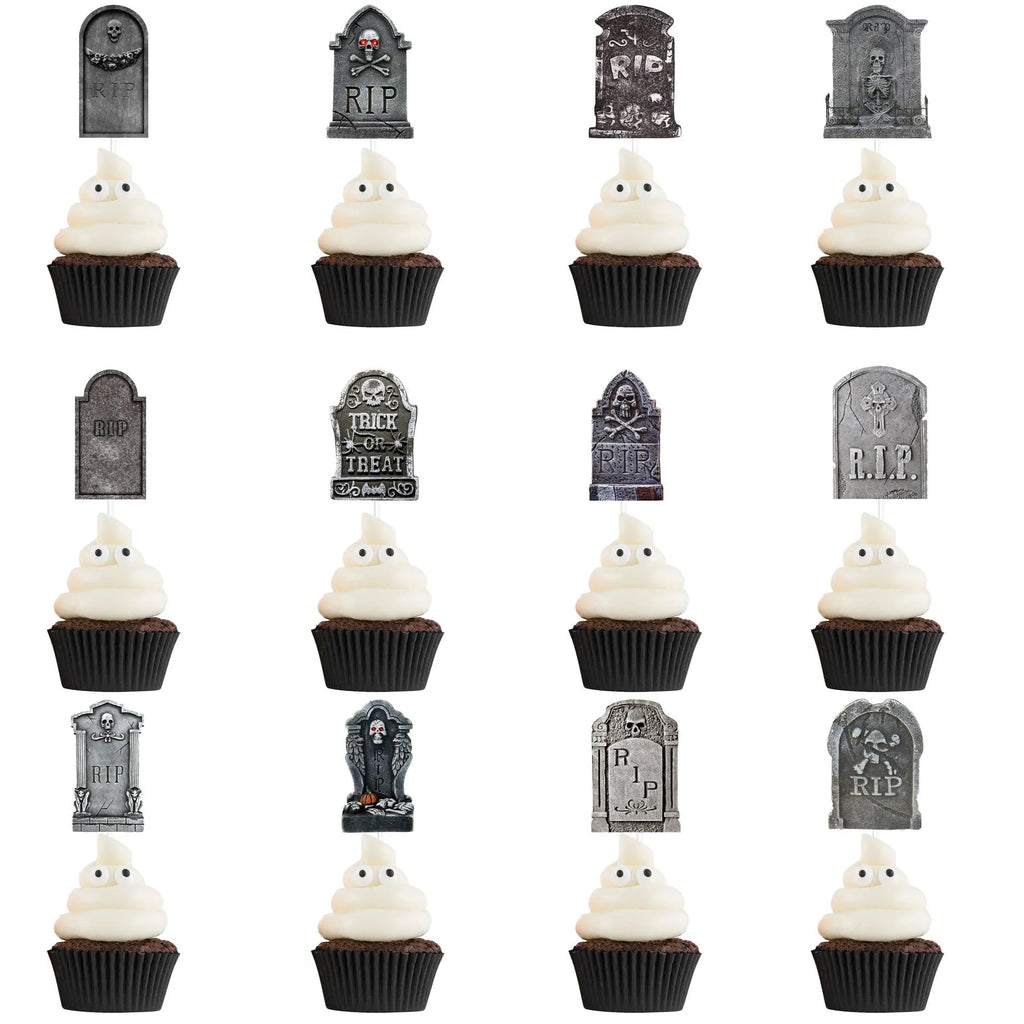 Pack of twelve small paper Halloween cake flags with tombstone designs in horror styles for spooky decoration