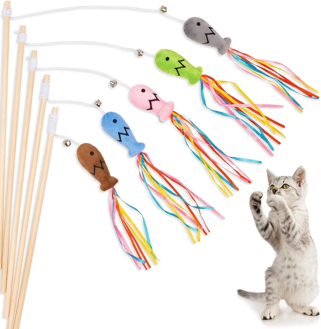 Cat wand toy with wooden handle, colourful ribbons, catnip attachment, and bell for interactive feline play