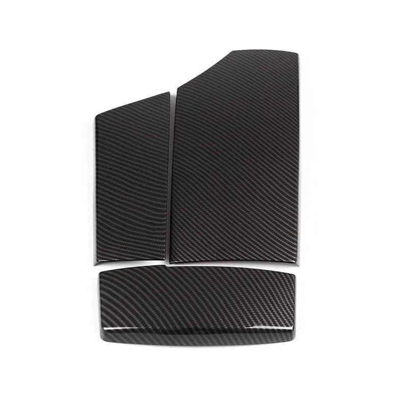 Set of three black ABS armrest box protective covers with carbon fibre pattern, showing buckle installation and 33.5cm length.