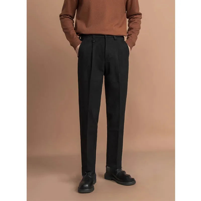 Men's straight-leg business trousers in draped design showing four colour options and straight silhouette