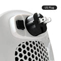 White ceramic electric heater with remote control showing 15-32 heat settings and 600W power rating
